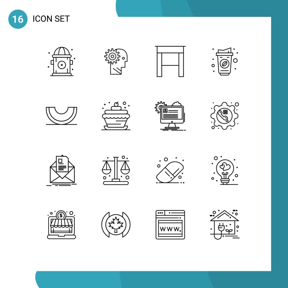 Mobile Interface Outline Set of 16 Pictograms of berry paper cup personal cup table Editable Vector Design Elements