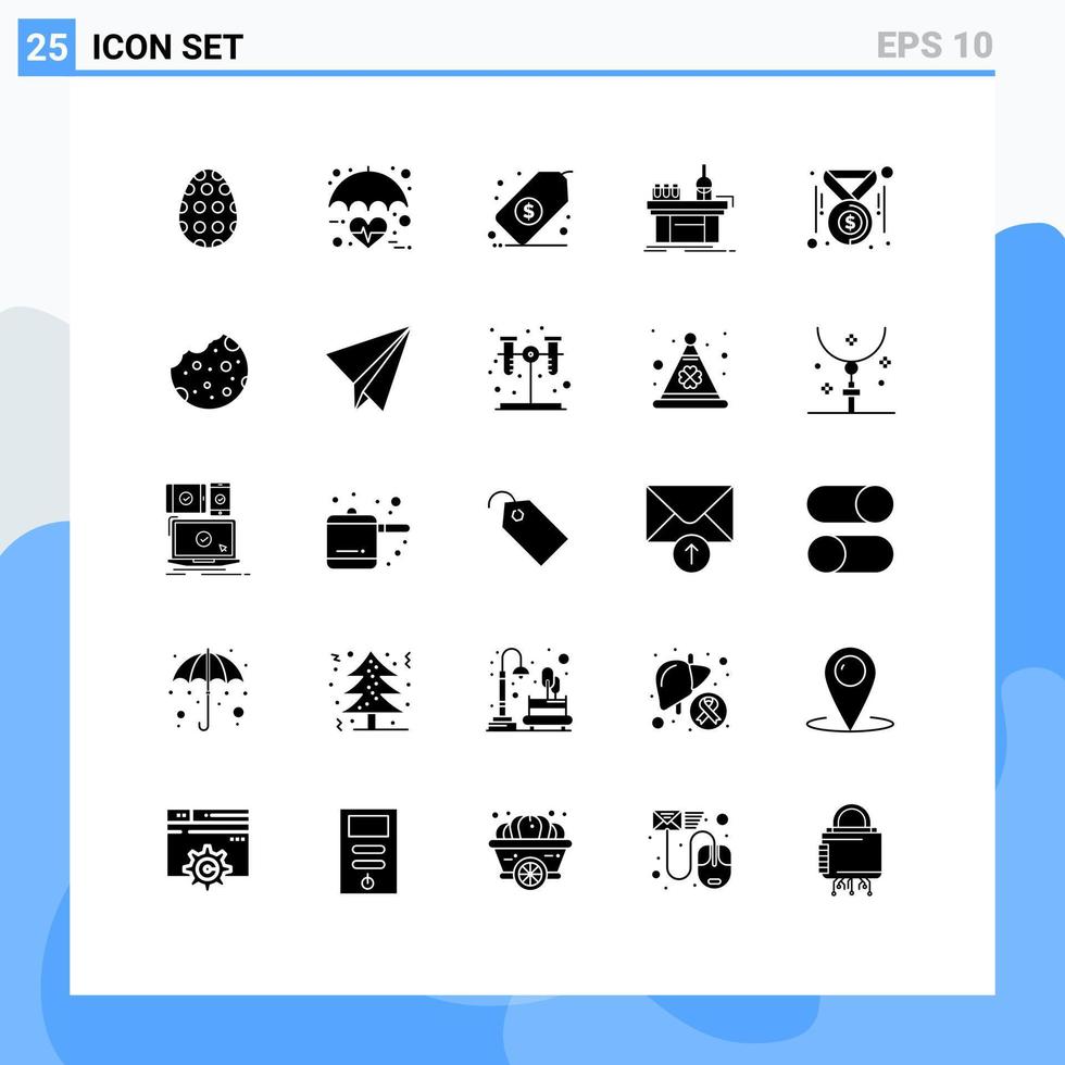 Set of 25 Vector Solid Glyphs on Grid for production lab heart chemistry tag Editable Vector Design Elements