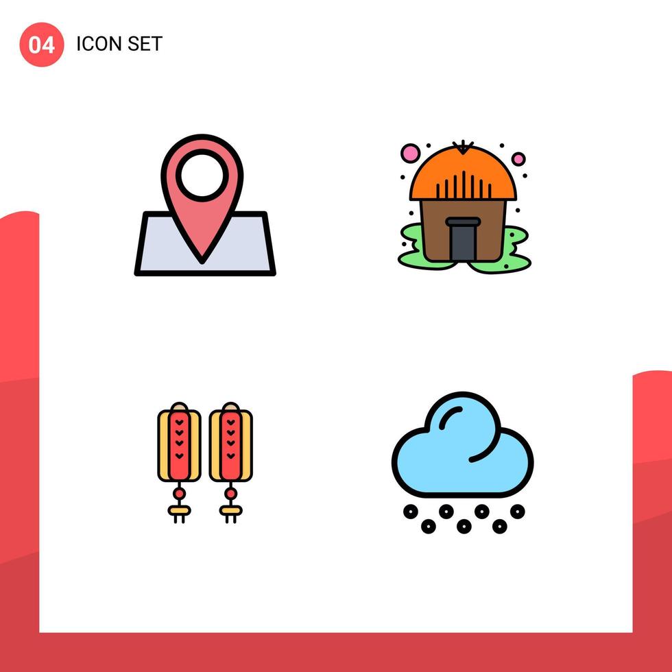 Modern Set of 4 Filledline Flat Colors Pictograph of holiday chinese pad lock yurt cloud Editable Vector Design Elements