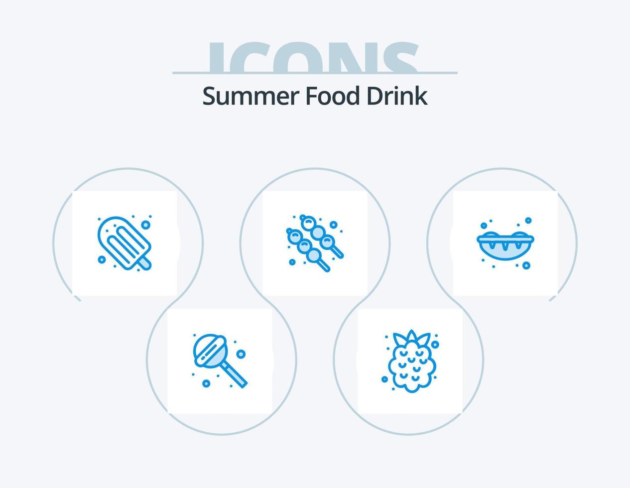 comida de verano bebida icono azul paquete 5 diseño de iconos. . dulce. vacaciones. Sushi. alimento vector