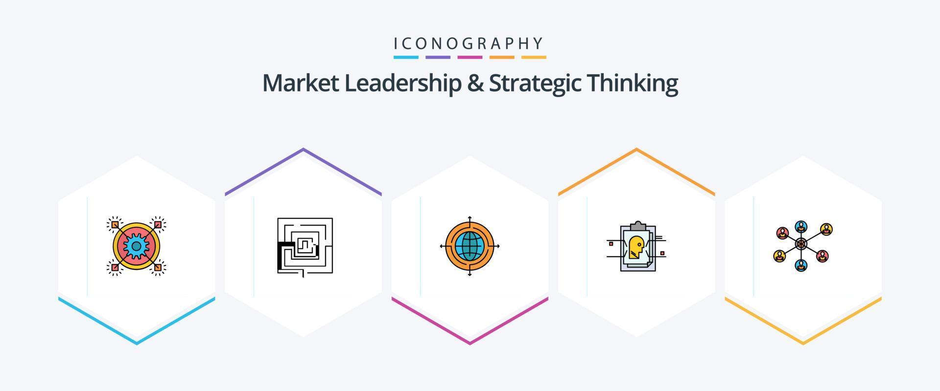 Market Leadership And Strategic Thinking 25 FilledLine icon pack including user id. card. pertinent. report. target vector