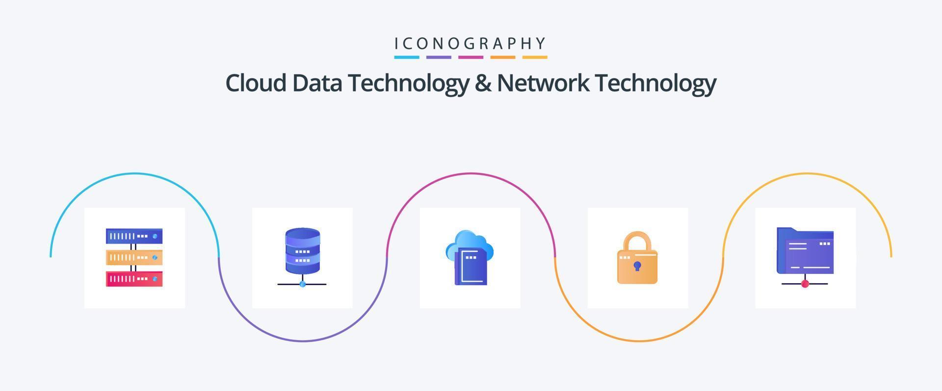 Cloud Data Technology And Network Technology Flat 5 Icon Pack Including data. security. cloud. loucked. louck vector
