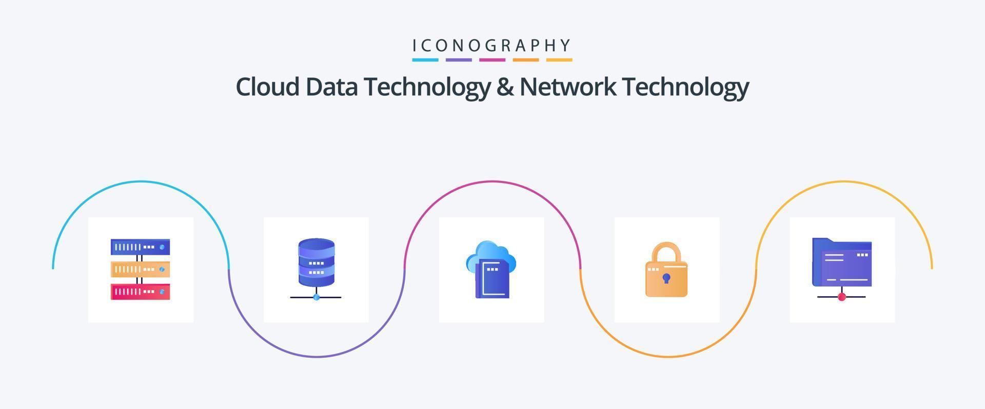 Cloud Data Technology And Network Technology Flat 5 Icon Pack Including data. security. cloud. loucked. louck vector