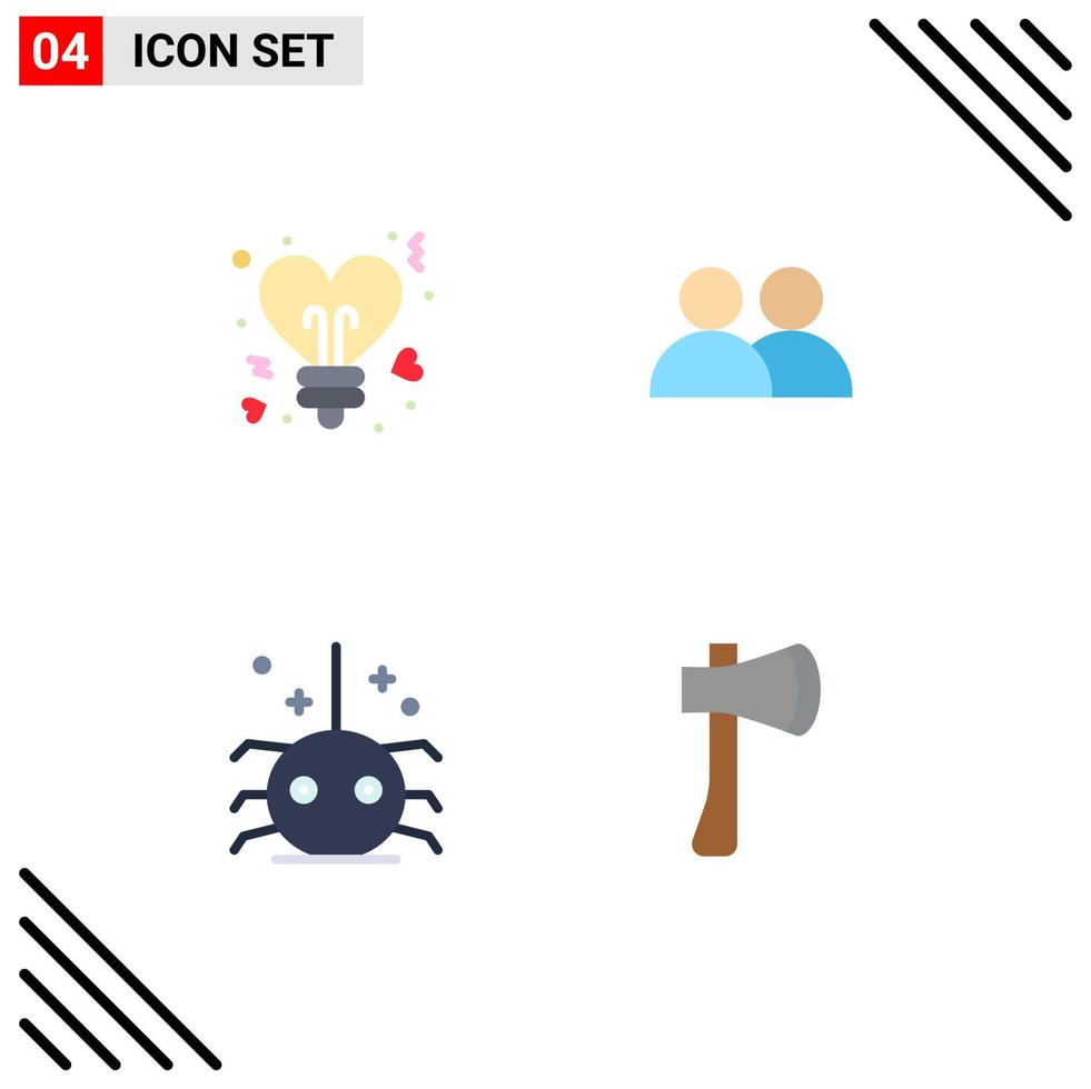 Modern Set of 4 Flat Icons Pictograph of bulb halloween valentines user spider Editable Vector Design Elements