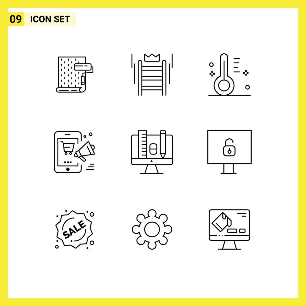 Modern Set of 9 Outlines Pictograph of discount mobile tool promotion sunny Editable Vector Design Elements