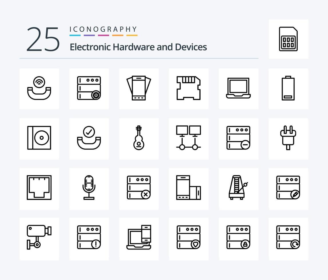 Devices 25 Line icon pack including battery. devices. phone. computer. memory vector