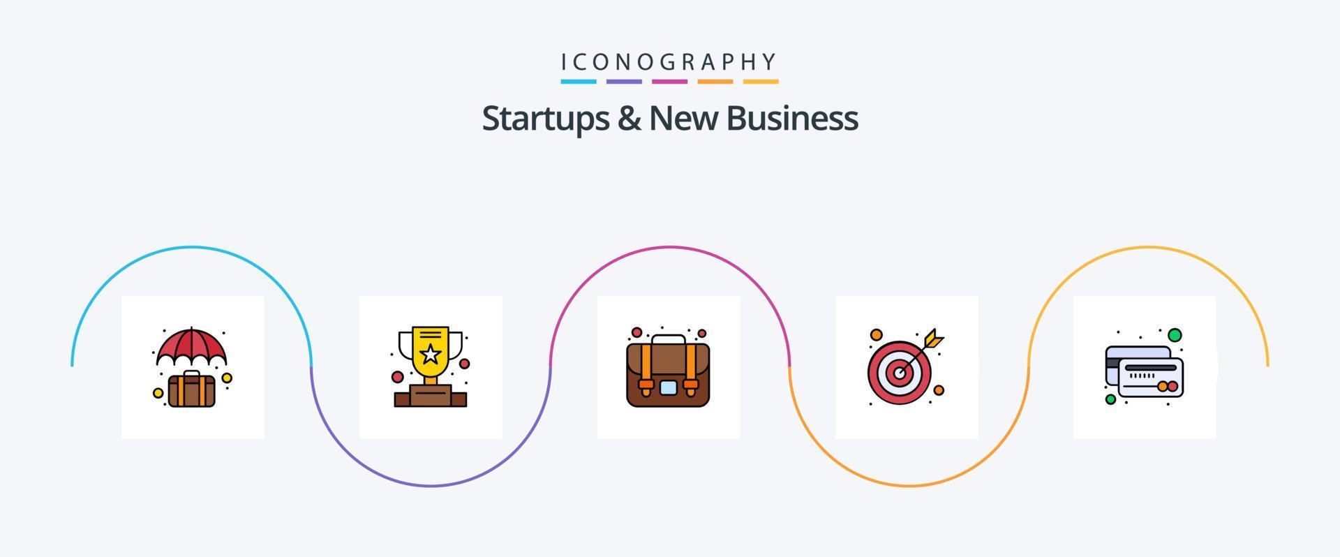 Startups And New Business Line Filled Flat 5 Icon Pack Including credit. atm. success. target. arrow vector