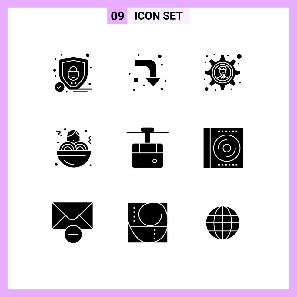 Set of 9 Commercial Solid Glyphs pack for cd transport business solution ski cable Editable Vector Design Elements