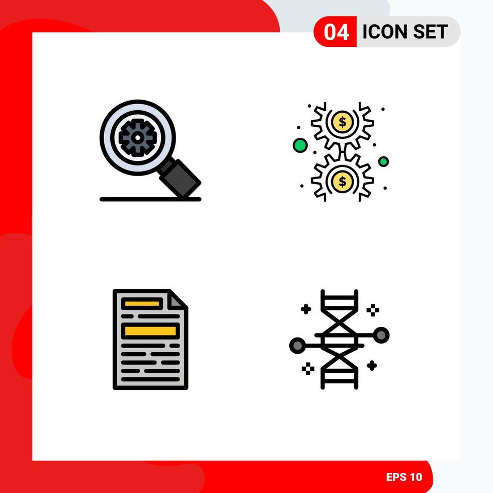 conjunto moderno de 4 colores planos y símbolos de línea de llenado, como documentos de investigación que configuran elementos de diseño de vectores editables de cromosomas monetarios