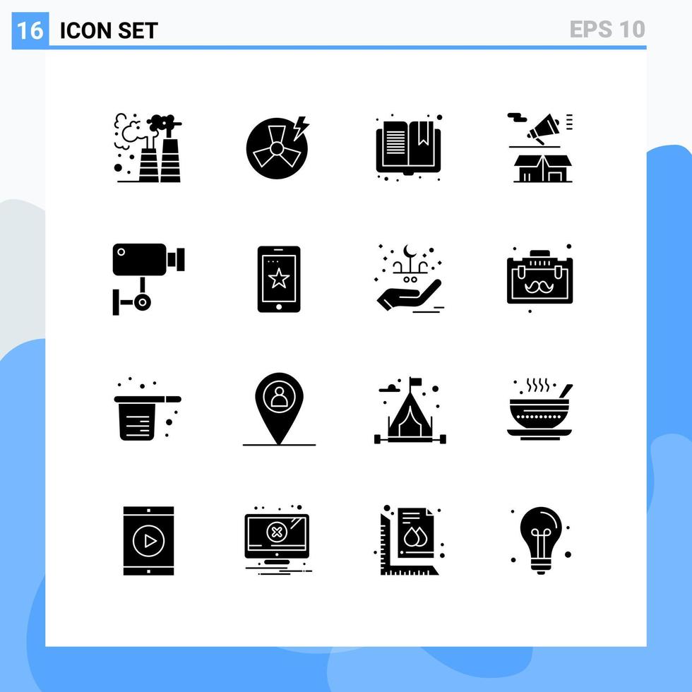 16 Thematic Vector Solid Glyphs and Editable Symbols of cam box book megaphone marketing Editable Vector Design Elements