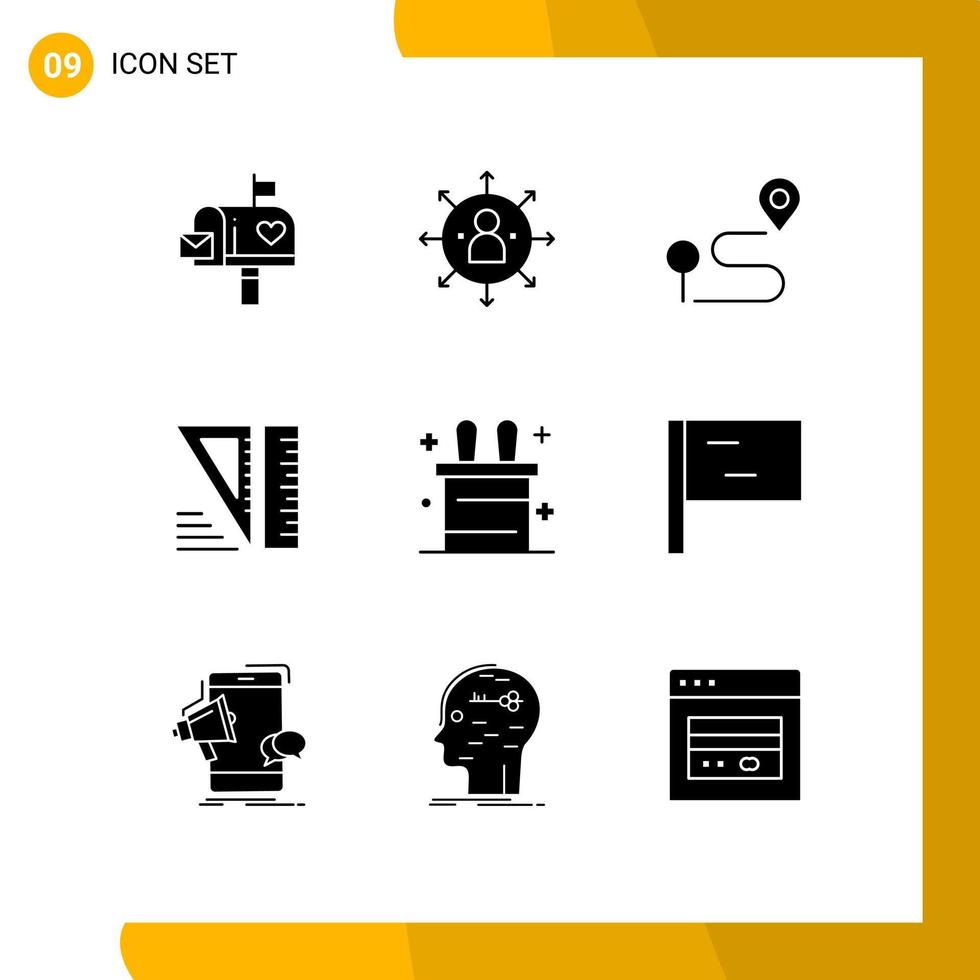 Set of 9 Commercial Solid Glyphs pack for magic trick geometrical job education navigation Editable Vector Design Elements