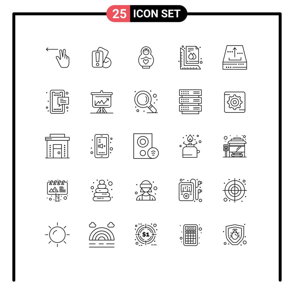 25 User Interface Line Pack of modern Signs and Symbols of box document mother print ruler Editable Vector Design Elements