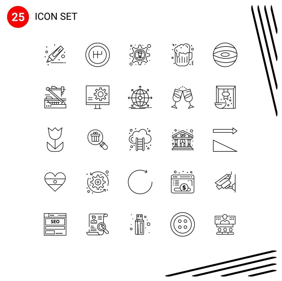 User Interface Pack of 25 Basic Lines of robot medical beer future planet Editable Vector Design Elements