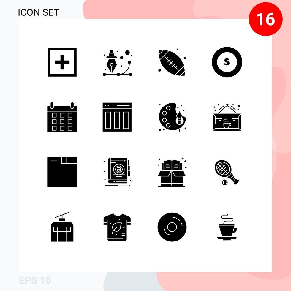 Modern Set of 16 Solid Glyphs Pictograph of calendar dollar pen coin base ball Editable Vector Design Elements