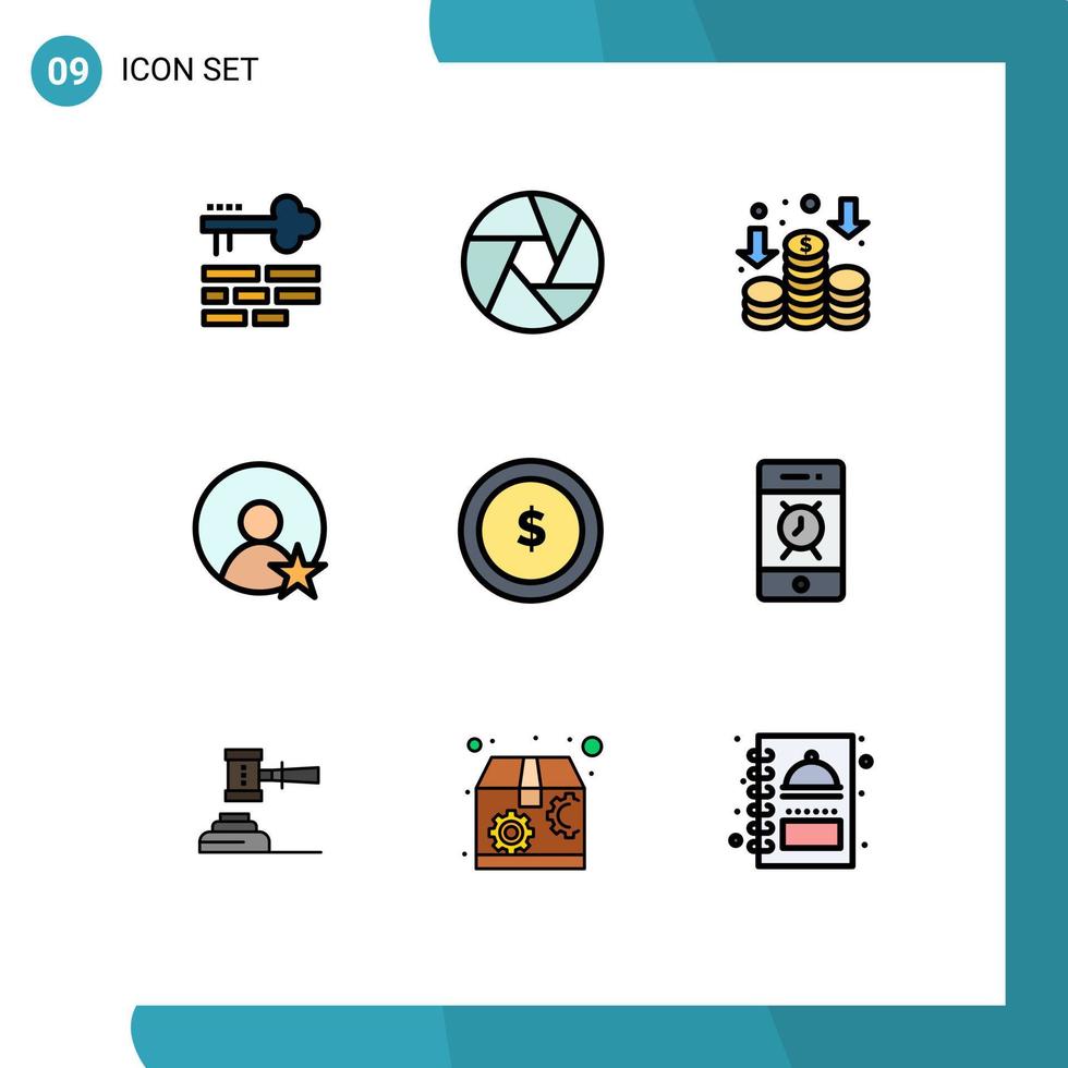 Pack of 9 creative Filledline Flat Colors of finance coin finance business user Editable Vector Design Elements
