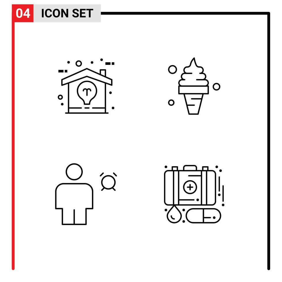 Mobile Interface Line Set of 4 Pictograms of creative alarm idea food body Editable Vector Design Elements