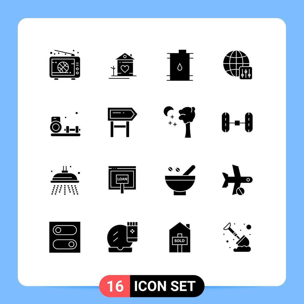 Set of 16 Commercial Solid Glyphs pack for hobbies configuration couple world finance Editable Vector Design Elements