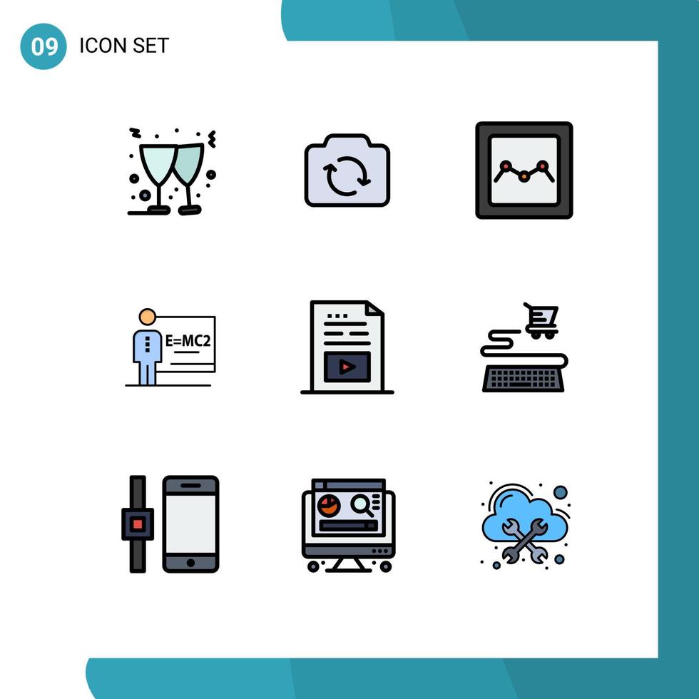 Filledline Flat Color Pack of 9 Universal Symbols of multimedia file chart entertainment teacher Editable Vector Design Elements