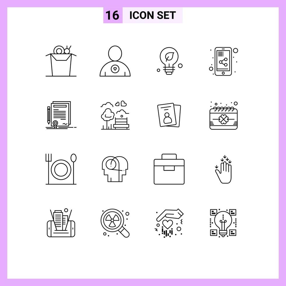 Outline Pack of 16 Universal Symbols of document contract green certificate share mobile Editable Vector Design Elements