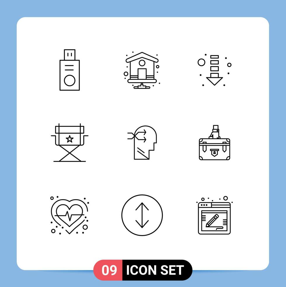 9 User Interface Outline Pack of modern Signs and Symbols of briefcase thinking down brian mental chang Editable Vector Design Elements