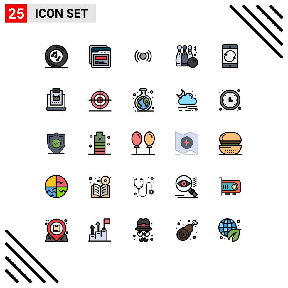 conjunto de 25 paquetes de colores planos de línea rellena comercial para juegos deportivos ayuda a los bolos elementos de diseño vectorial editables de la interfaz de usuario vector