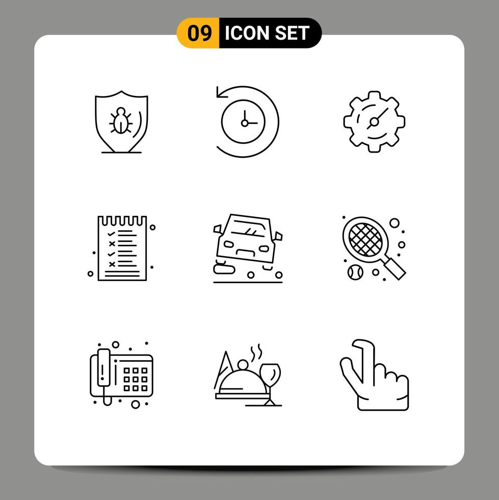 conjunto moderno de 9 contornos y símbolos, como opciones de engranajes de adelantamiento de tráfico, lista de elementos de diseño de vectores editables
