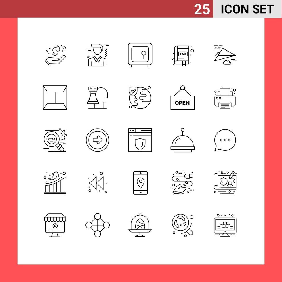 Pack of 25 Modern Lines Signs and Symbols for Web Print Media such as paper plane interface box book app Editable Vector Design Elements