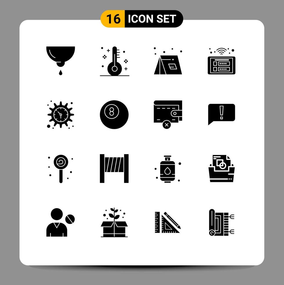 User Interface Pack of 16 Basic Solid Glyphs of smart control thermometer access tent Editable Vector Design Elements