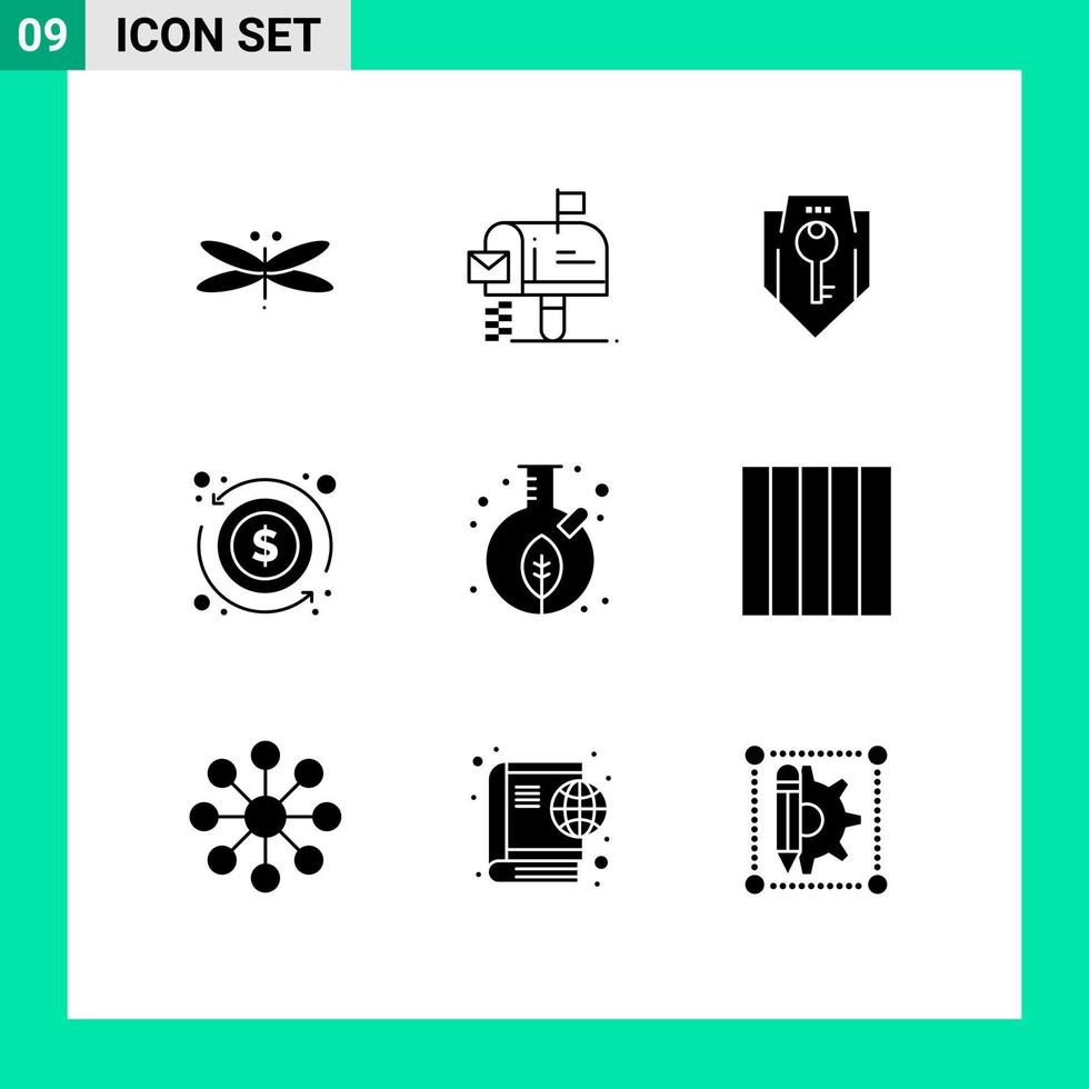 conjunto moderno de 9 glifos y símbolos sólidos, como elementos de diseño vectorial editables de seguridad de flecha de mensaje de dólar de dinero vector