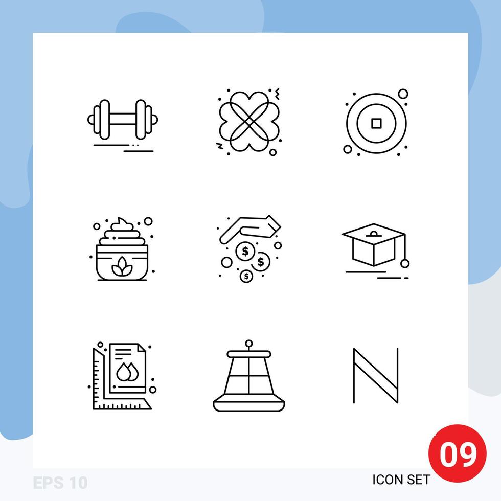 Stock Vector Icon Pack of 9 Line Signs and Symbols for money finance coin lotus sauna Editable Vector Design Elements