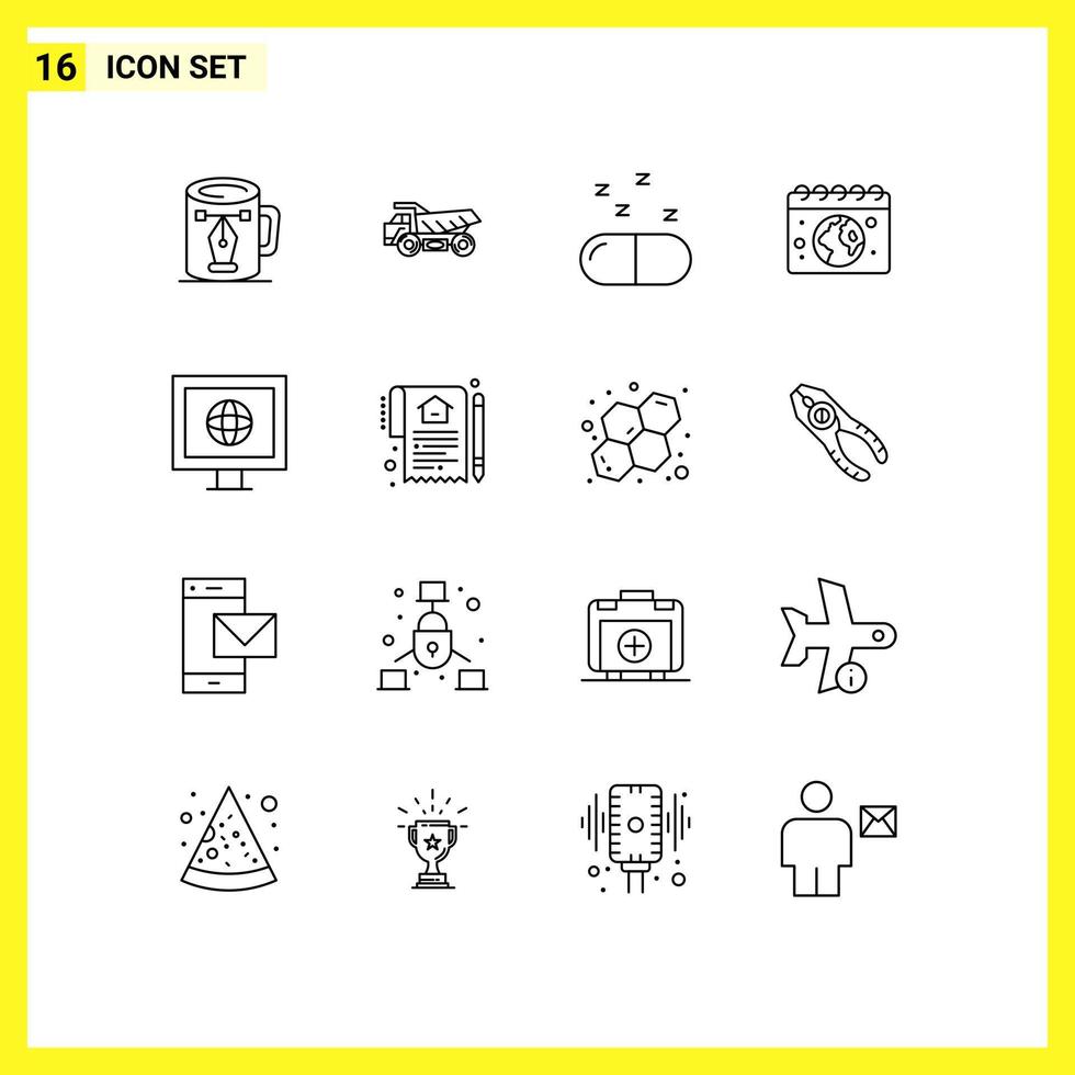 16 Universal Outlines Set for Web and Mobile Applications news day construction calender earth Editable Vector Design Elements