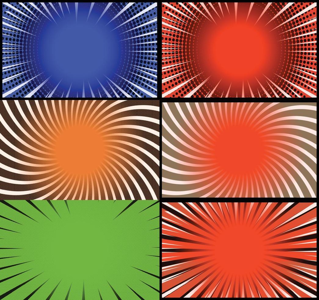Comic book colorful frames background with halftone rays radial and dotted effects pop art style vector