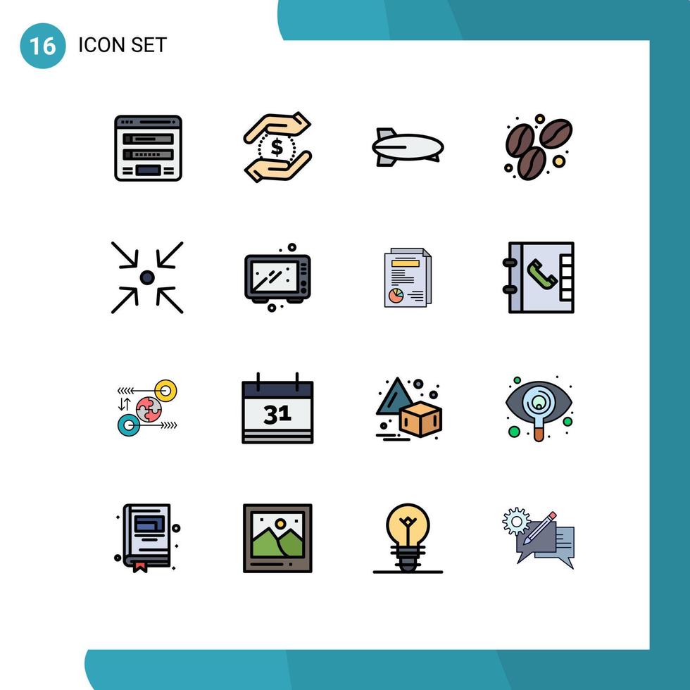 Modern Set of 16 Flat Color Filled Lines and symbols such as collapse food money coffee vehicles Editable Creative Vector Design Elements