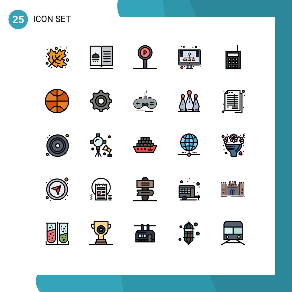 Filled line Flat Color Pack of 25 Universal Symbols of devices seo hotel hosting travel Editable Vector Design Elements