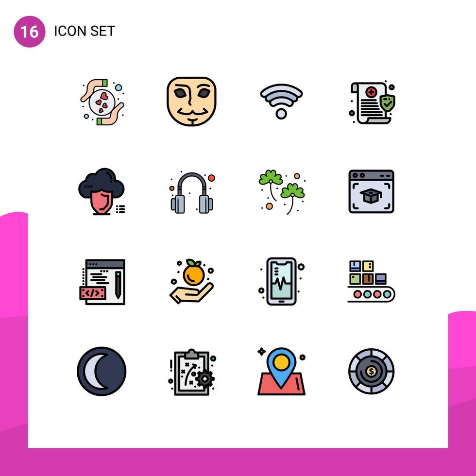 Set of 16 Commercial Flat Color Filled Lines pack for safety secure wifi cloud privacy Editable Creative Vector Design Elements