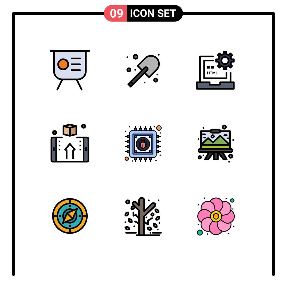 Filledline Flat Color Pack of 9 Universal Symbols of online finance spade box development Editable Vector Design Elements