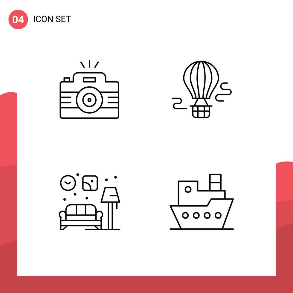 Set of 4 Vector Filledline Flat Colors on Grid for camera home picture balloon couch Editable Vector Design Elements