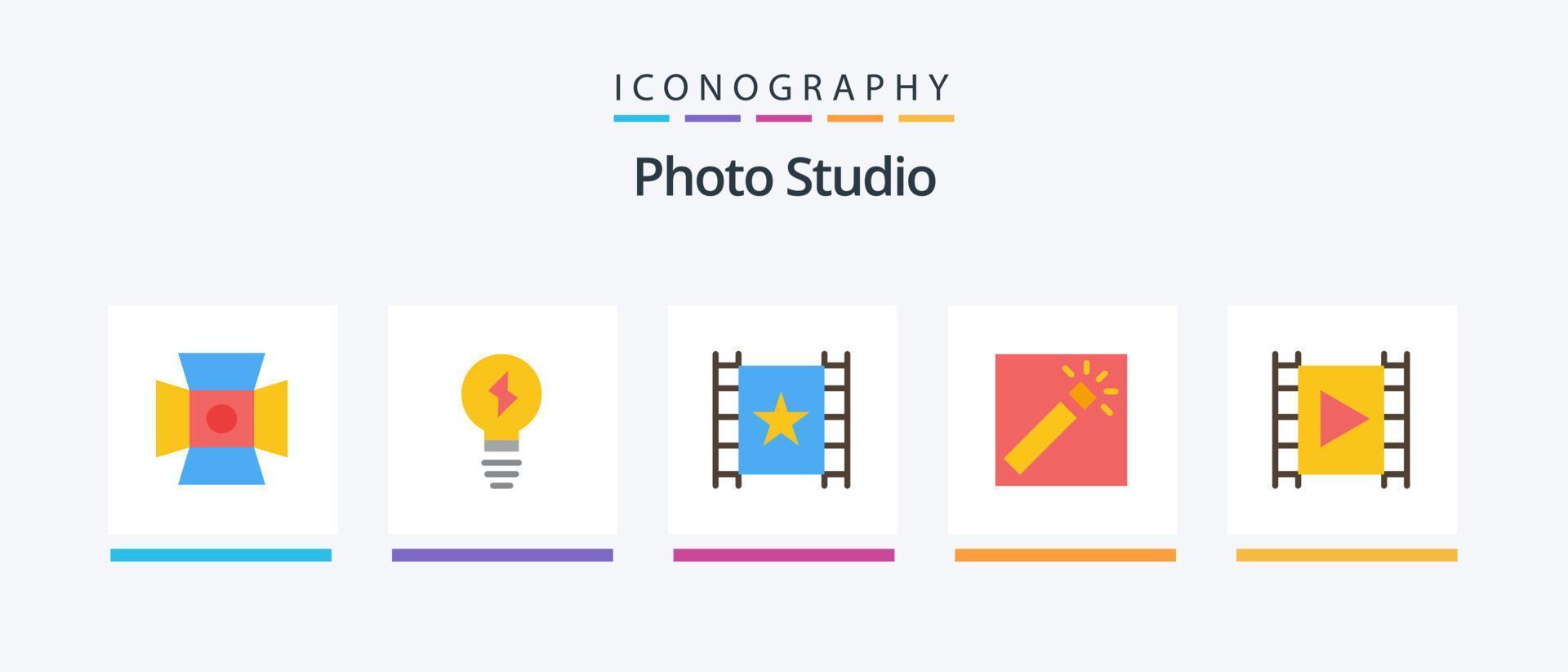 paquete de iconos de 5 planos de estudio fotográfico que incluye multimedia. medios de comunicación. jugador. retocar. fotógrafo. diseño de iconos creativos vector