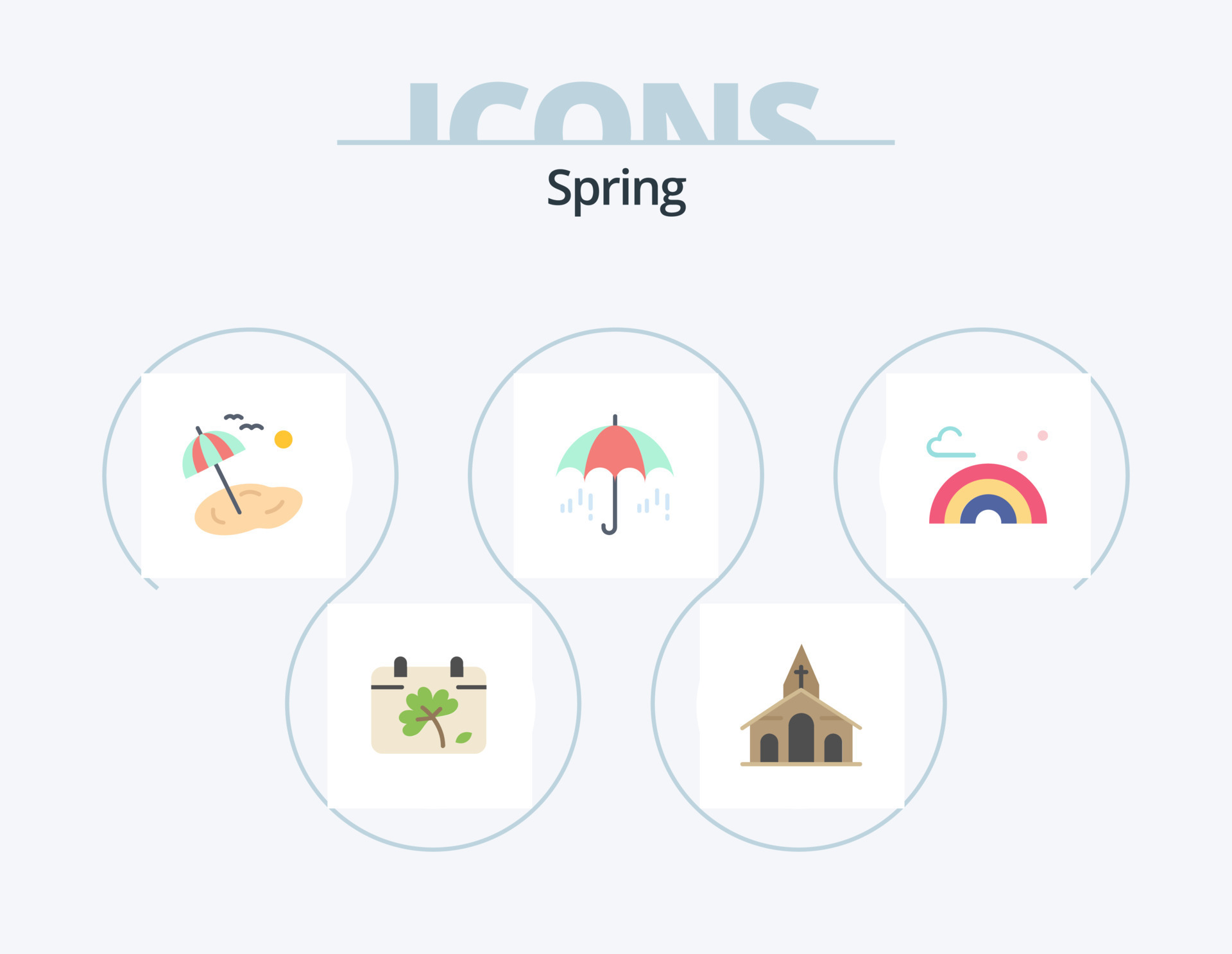 Spring Flat Icon Pack 5 Icon Design. rainbow. spring. beach. weather