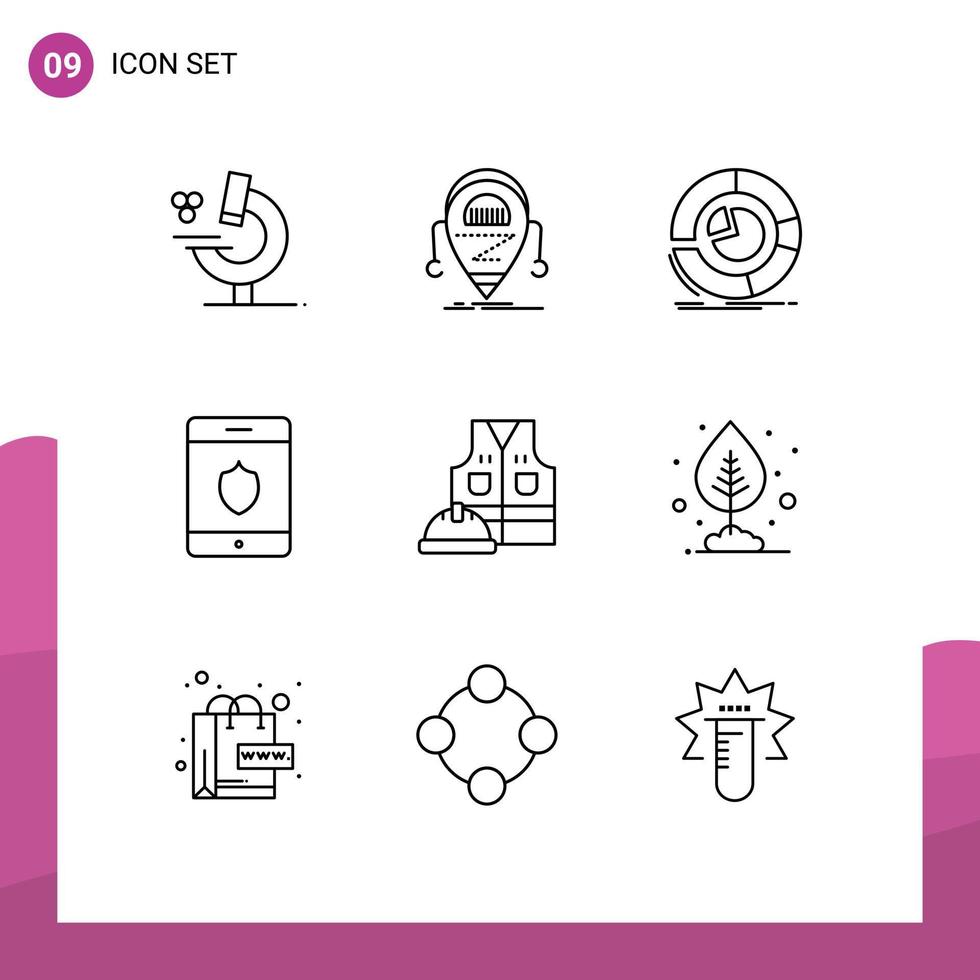 9 Thematic Vector Outlines and Editable Symbols of jacket smartphone analysis shield pie chart Editable Vector Design Elements
