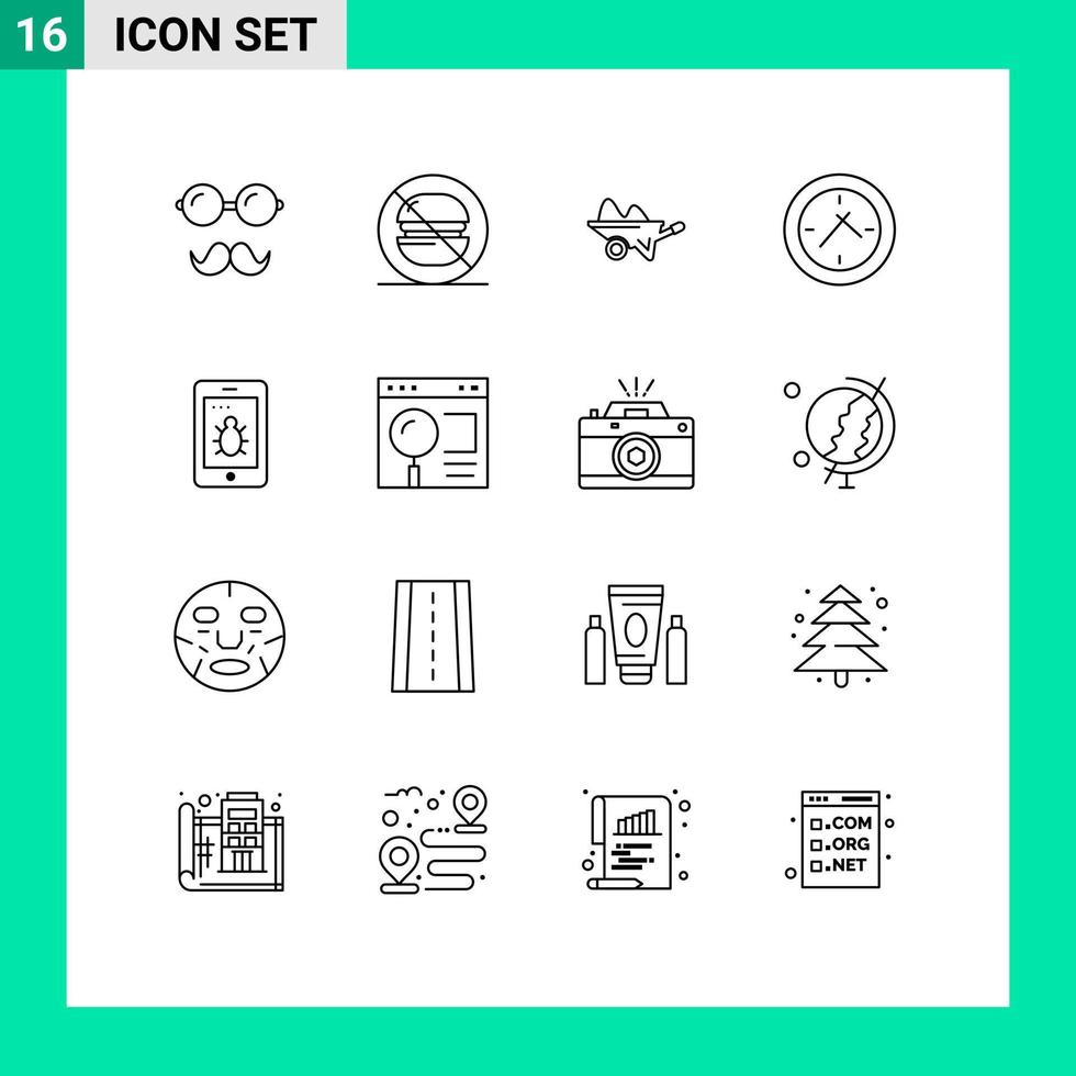 Pack of 16 Modern Outlines Signs and Symbols for Web Print Media such as mobile time wheelbarrow cinema gardening Editable Vector Design Elements