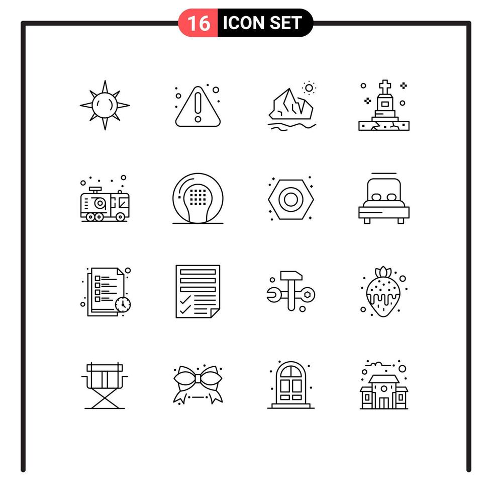 Mobile Interface Outline Set of 16 Pictograms of fire car ice tomb funeral Editable Vector Design Elements