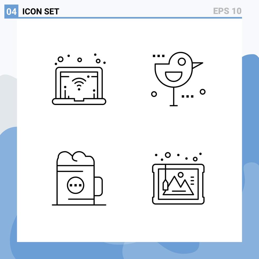 Group of 4 Filledline Flat Colors Signs and Symbols for network drink bird alcohol frame Editable Vector Design Elements