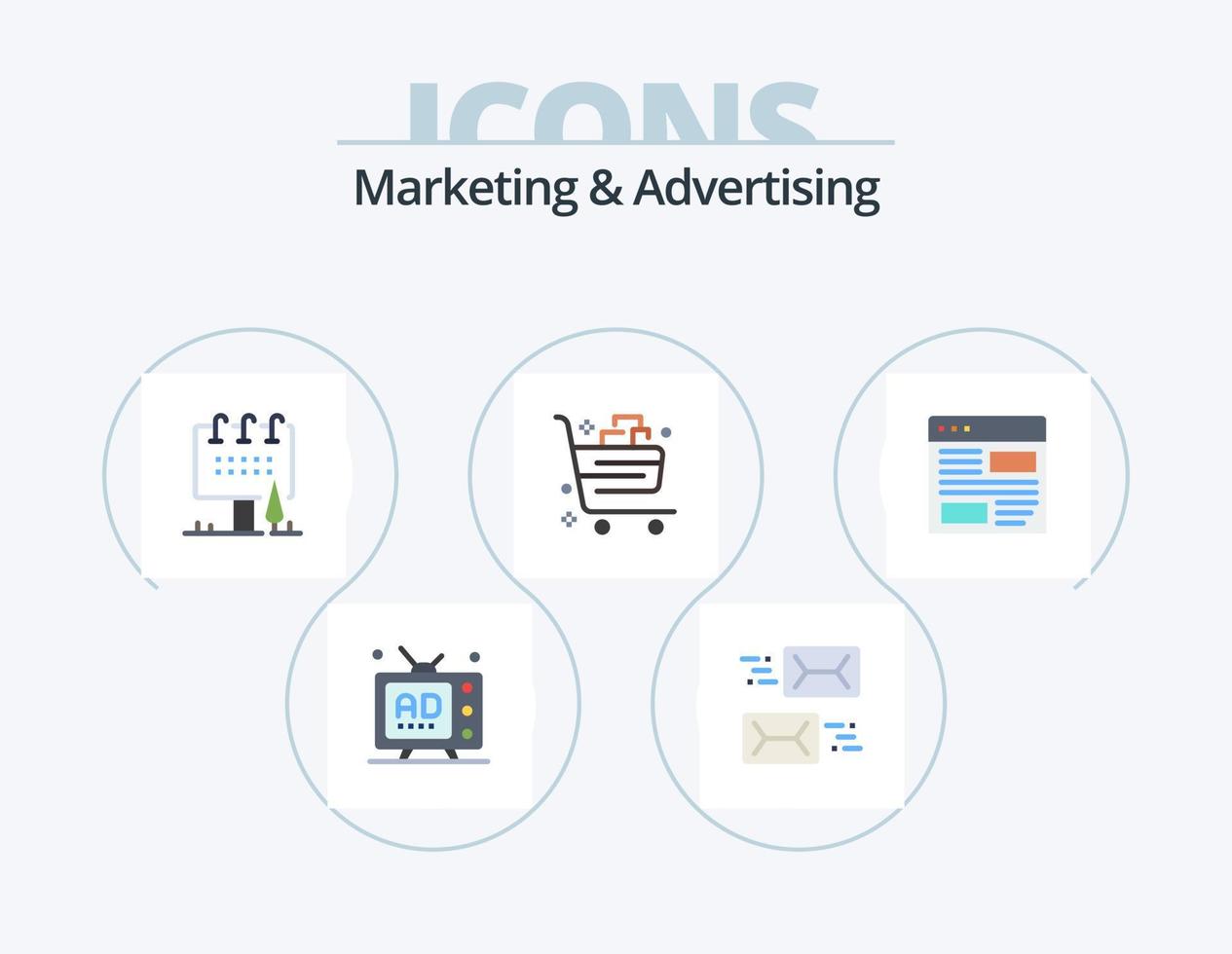 marketing y publicidad flat icon pack 5 diseño de iconos. carro. cesta. carta. comercial. junta vector