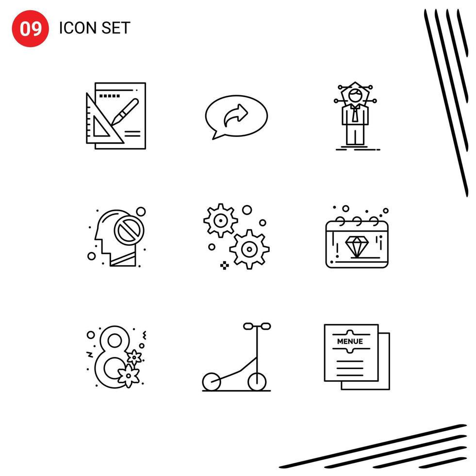 Group of 9 Outlines Signs and Symbols for gear setting closed business mind solution Editable Vector Design Elements