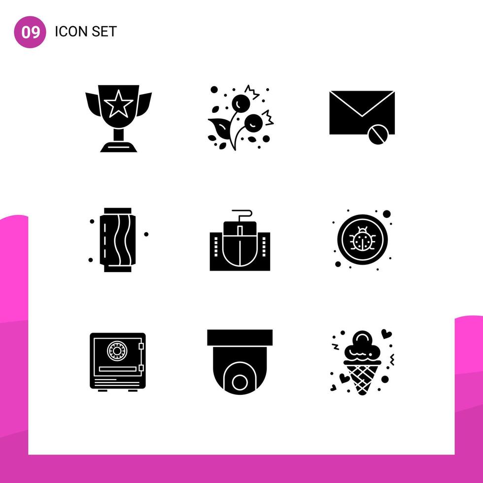 User Interface Pack of 9 Basic Solid Glyphs of food drink cold can sms Editable Vector Design Elements