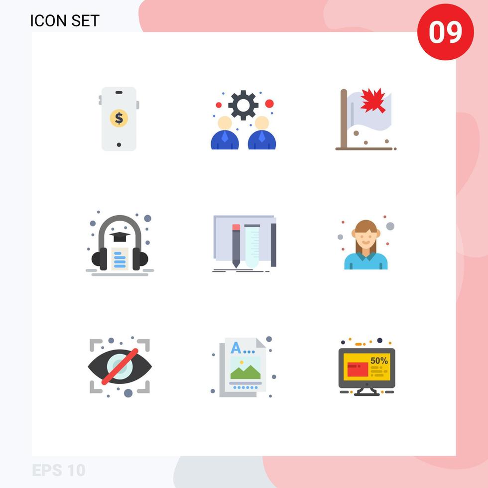 9 Universal Flat Colors Set for Web and Mobile Applications equipment learning flag headphone audio book Editable Vector Design Elements