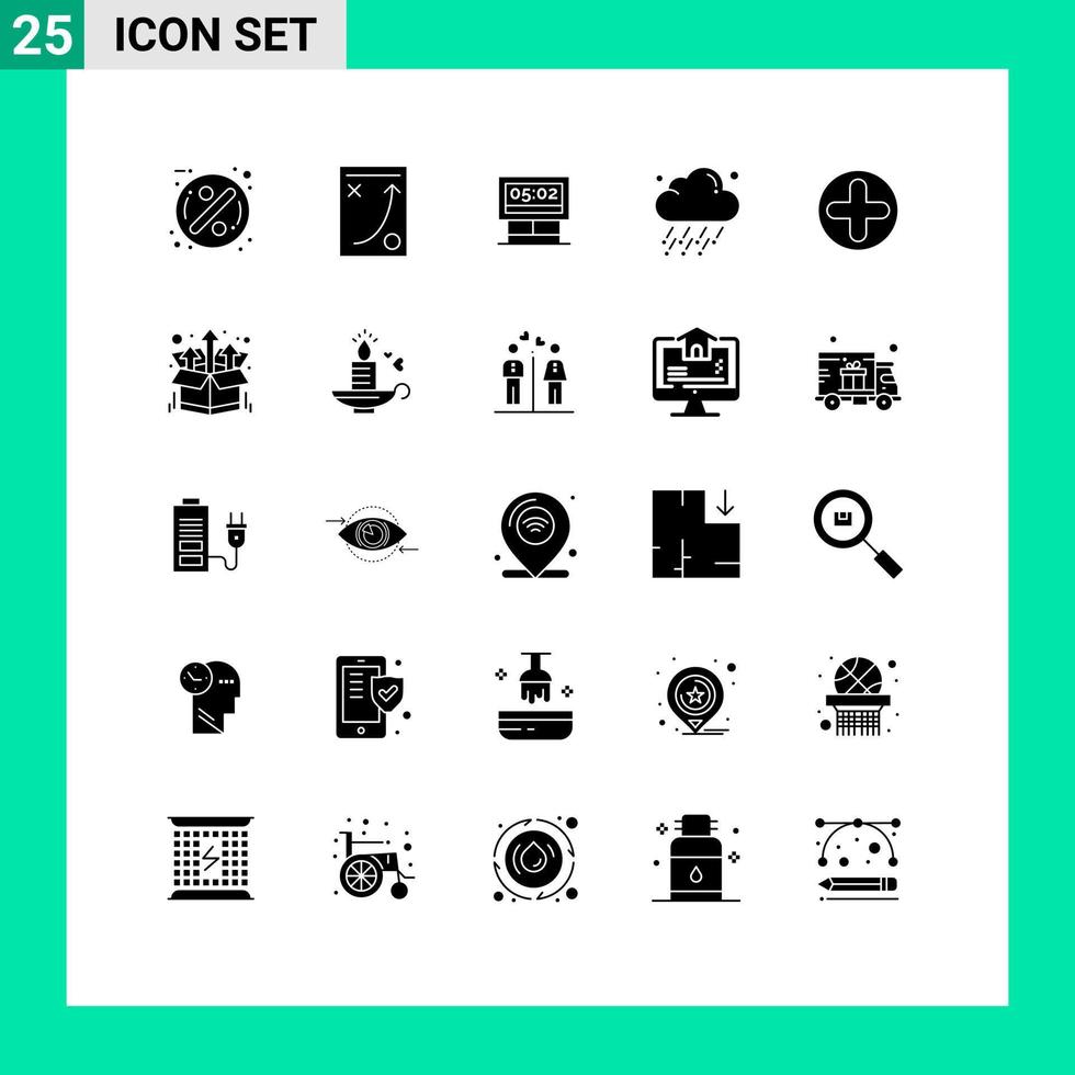 Pack of 25 creative Solid Glyphs of plus weather tactic rain scoreboard Editable Vector Design Elements