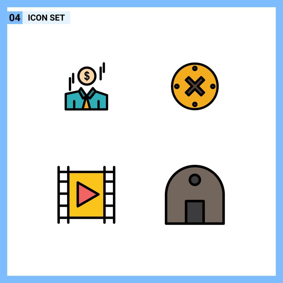 Pack of 4 Modern Filledline Flat Colors Signs and Symbols for Web Print Media such as businessman media player money delete player Editable Vector Design Elements