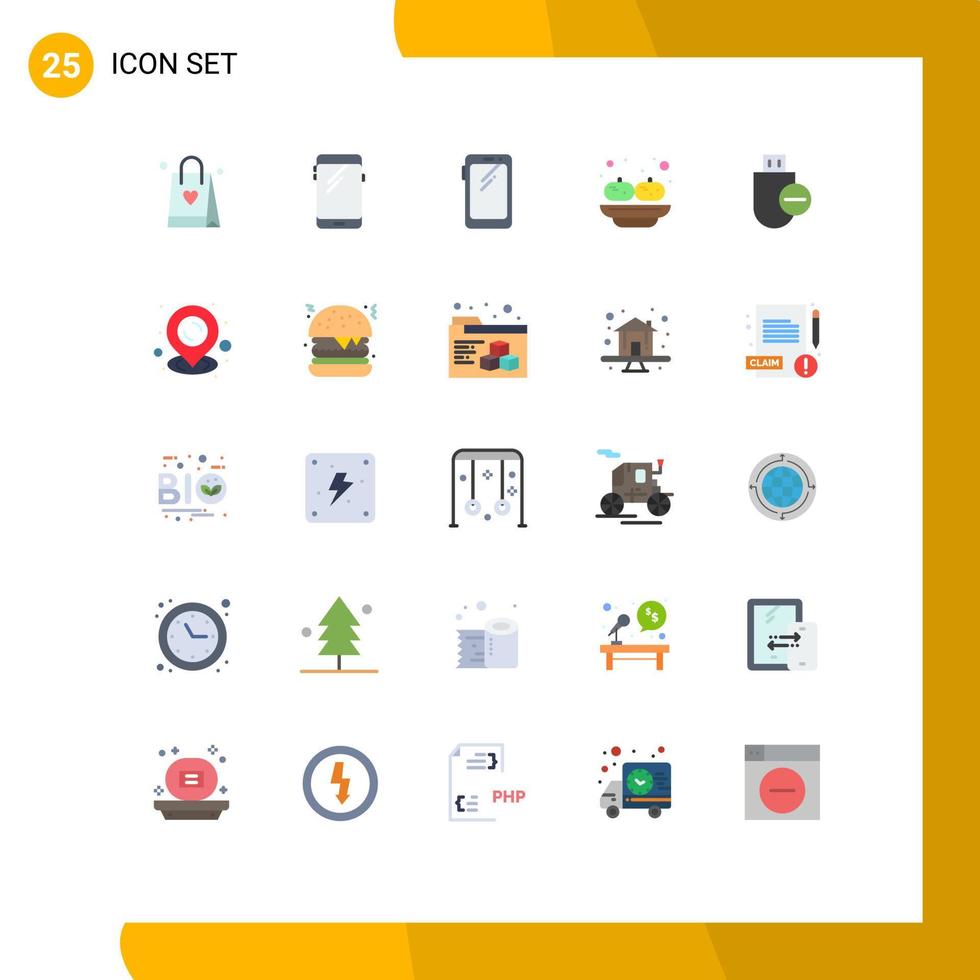 Mobile Interface Flat Color Set of 25 Pictograms of map remove food hardware computers Editable Vector Design Elements